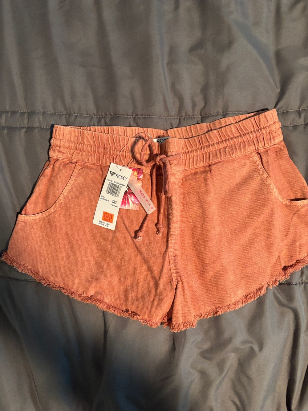 Roxy Washed Coral Drawstring Frayed-Hem Shorts